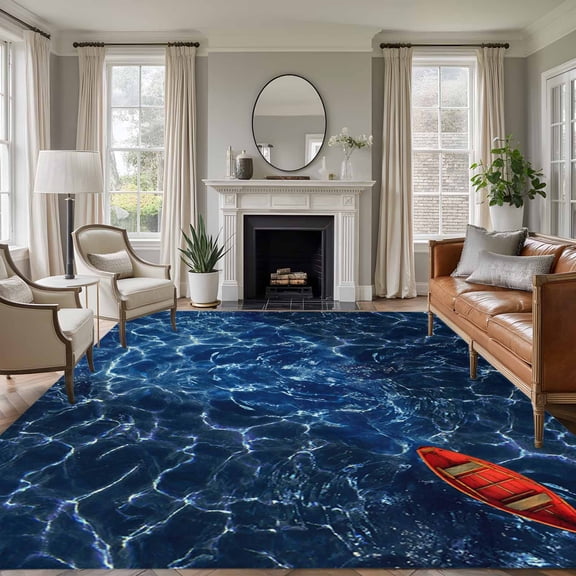 Large Area Rugs for Living Room Bedroom, Navy Blue Ocean Waves 8'x10' Rug Washable Carpet Runner Indoor Outdoor, Red Boat Coastal Non Slip Floor Mats Rug for Kitchen, Patio