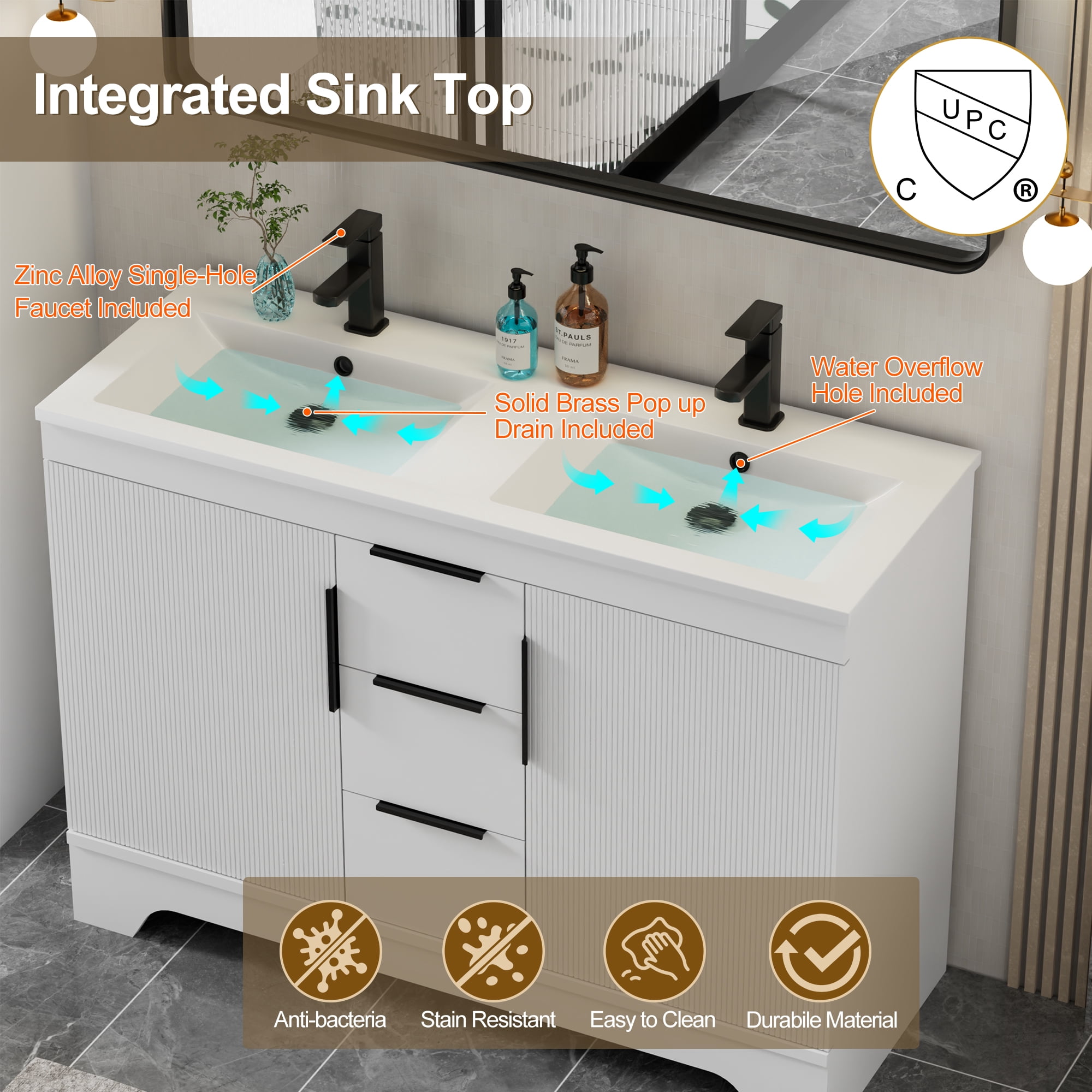 Eclife 48-inch Double Sink Bathroom Vanity with Integrated Tops, Soft-Close Hinges, Fluted Door Design, Mid-Century Modern