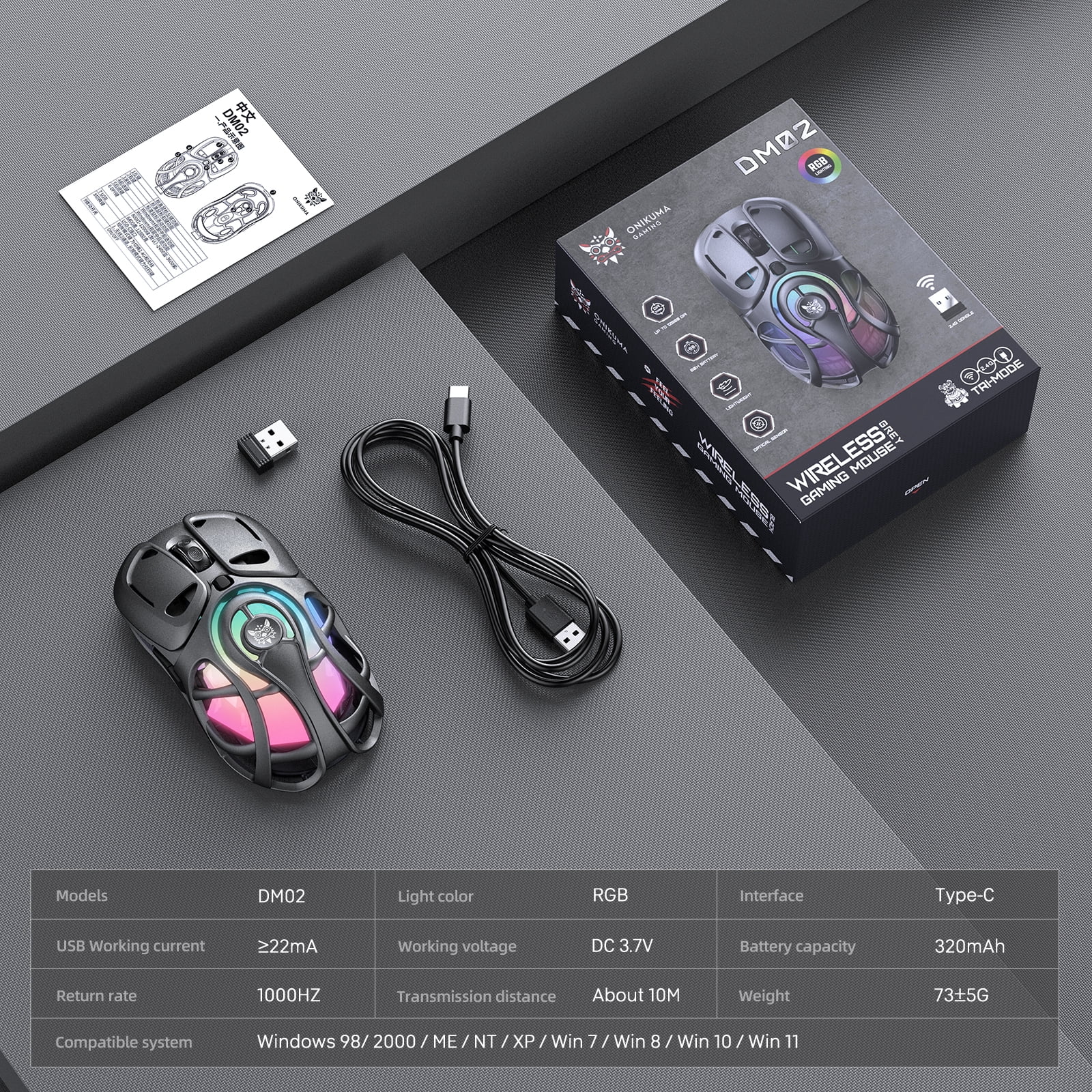 Siivton Wireless Gaming Mouse,2.4GHz and Bluetooth, 12800 DPI, 6 RGB Light Modes, 1000Hz Polling Rate, Compatible with Windows/Mac, Gray