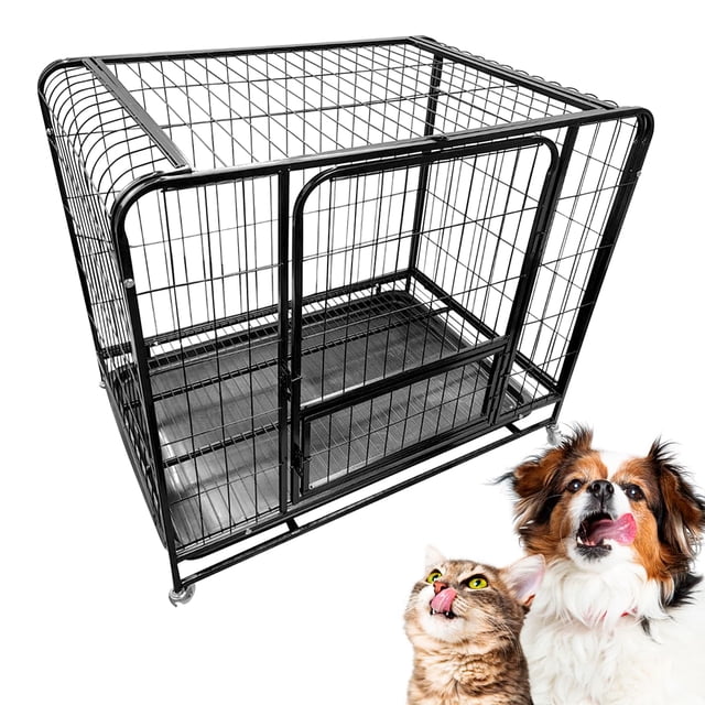 Jaula metálica apilable para perro y gato 94×63×79 cm con ruedas giratorias charola deslizante y 2 comederos de acero inoxidable color gris oscuro