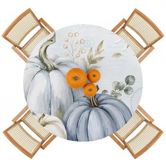 Blue Pumpkins Autumn Thanksgiving Round Fitted Tablecloth with Elastic Edge,Waterproof Table Cloth Fits 36"-44" Tables,Wipeable Table Cover for Indoor Outdoor Dinning Party,Green Eucalyptus Leaves