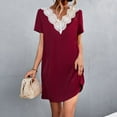 thumbnail image 5 of Bigersell Midi Dresses for Women Fashion Women Summer Short Sleeve Solid V-Neck Lace Patchwork Dress Summer Dresses for Female 2023 Women Shirt Dress Dresses, Style 20994, Wine M, 5 of 6