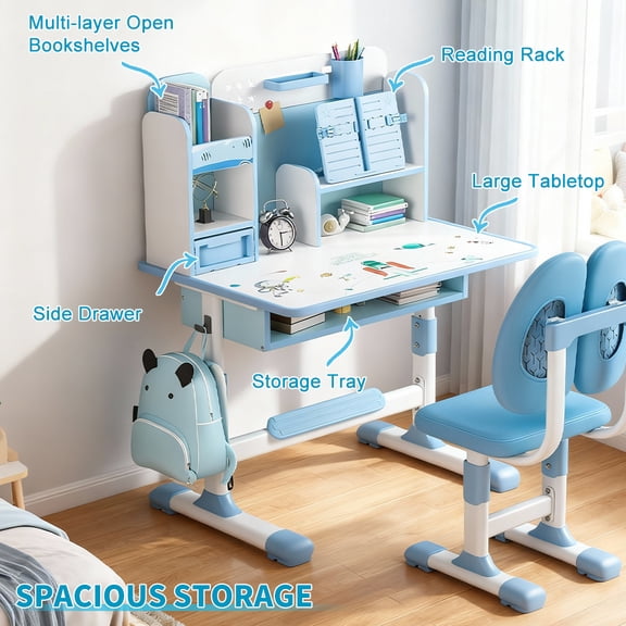 Yifeus Kids Study Desk and Chair Set, Children School Study Drawing Desk Chair Height Adjustable Kids Table Desk and Chair Set , Blue ﻿