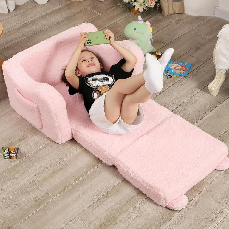 Kids Chairs for Toddler 2 in 1 Toddler Soft Sherpa Couch Fold Out Convertible Sofa to Lounger for Girls and Boys Teddy Bear Pink