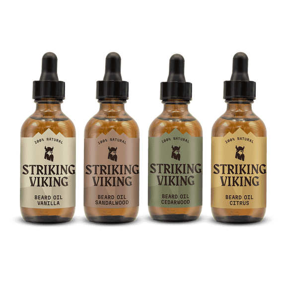 Striking Viking Beard Oil Variety Pack 4 Count Citrus Vanilla Cedarwood Sandalwood