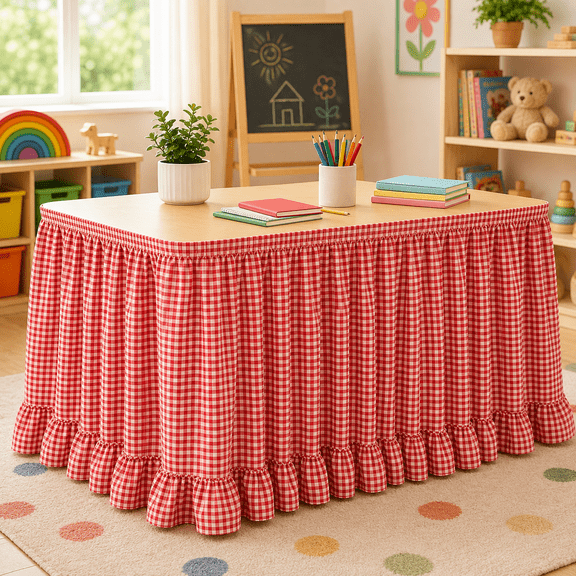 Teacher Desk Skirts,6 ft x 30 Inch Ruffled Table Skirt Decor Supplies for Classroom Teacher Office Desk Decor, Farmhouse Home Kitchen Party Red