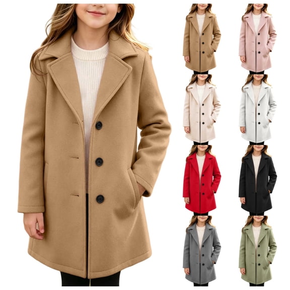 vzibsiv Girls Wool Blend Coat Mid-Length Notched Lapel Single Breasted Fall Winter Jacket Outerwear with Side Pockets 10-11Y