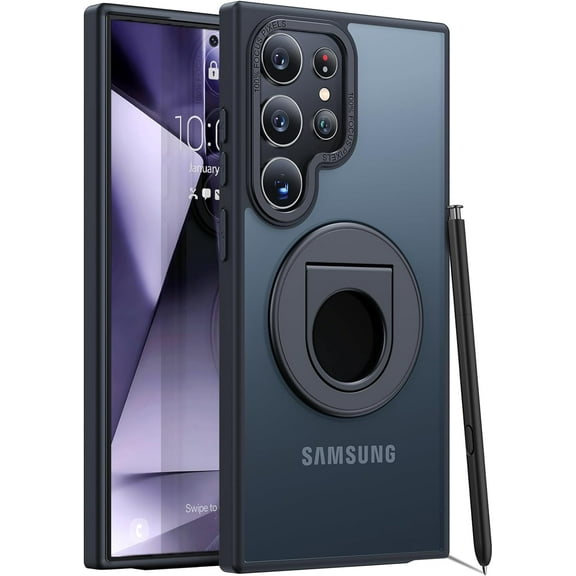 for Samsung Galaxy S24 Ultra Case with Ring, [Built-in 360° Rotatable Kickstand] [Translucent Matte Back], Slim Protective Phone Case for Galaxy S24 Ultra Case 6.8 Inches, Black