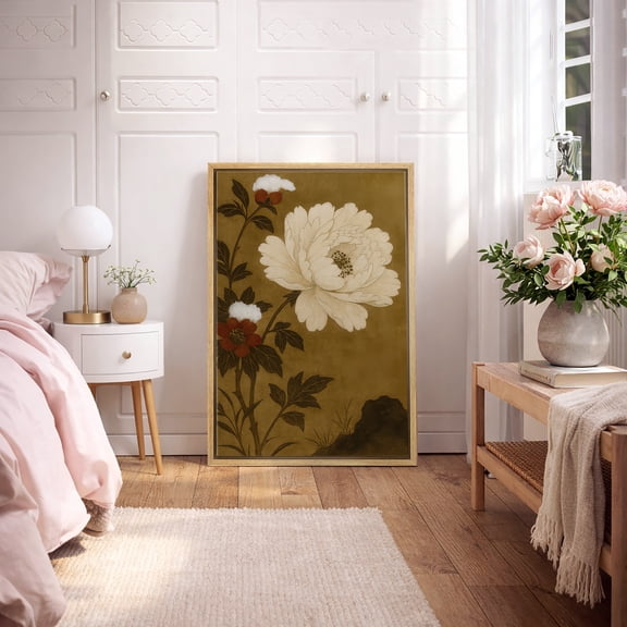 Framed Canvas Print Vintage Peony Floral Botanical Wall Art Classic Asian Style Flower Decorative for Living Room Bedroom - 16"x24" NATURAL