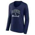 thumbnail image 2 of Women's Navy Seattle Mariners Victory Script Long Sleeve V-Neck T-Shirt, 2 of 3