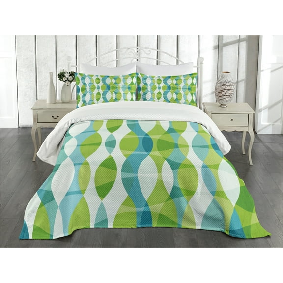 Ambesonne Grunge Quilted Bedspread Set 3 Pcs, Geometric Oval Shapes, King Size, Apple Green Turquoise