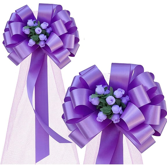 Lavender Pull Bows with Tulle Tails and Rosebuds - 8" Wide, Set of 6, Wedding, Easter