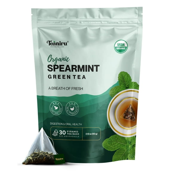 Teaniru, Spearmint Green Tea - 30 Count | For Quick Digestion & Healthy Skin | High in Antioxidants, Vitamin C & Iron | Your Anytime Elixir | Certified by USDA Organic