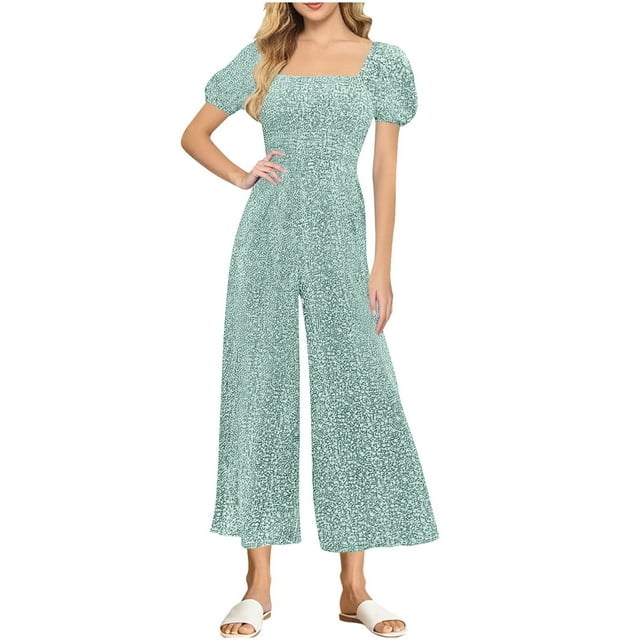 Combinaison pour Femmes, Col Carré Manches Courtes Imprimée Jambe Grand Tenue Décontractée d'Été, Noir TG