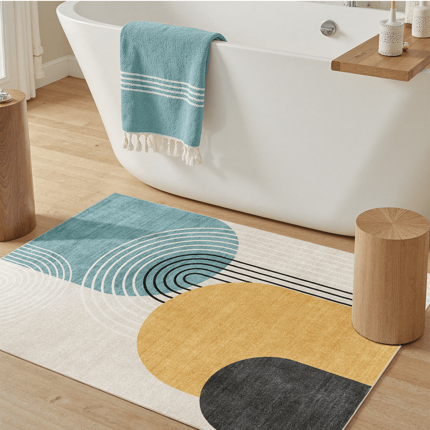 Abstract Machine Washable 2x3 Rug, Mid Century Modern Rug Soft Low Pile Non Slip Carpet for Kitchen Bathroom-Blue & Yellow