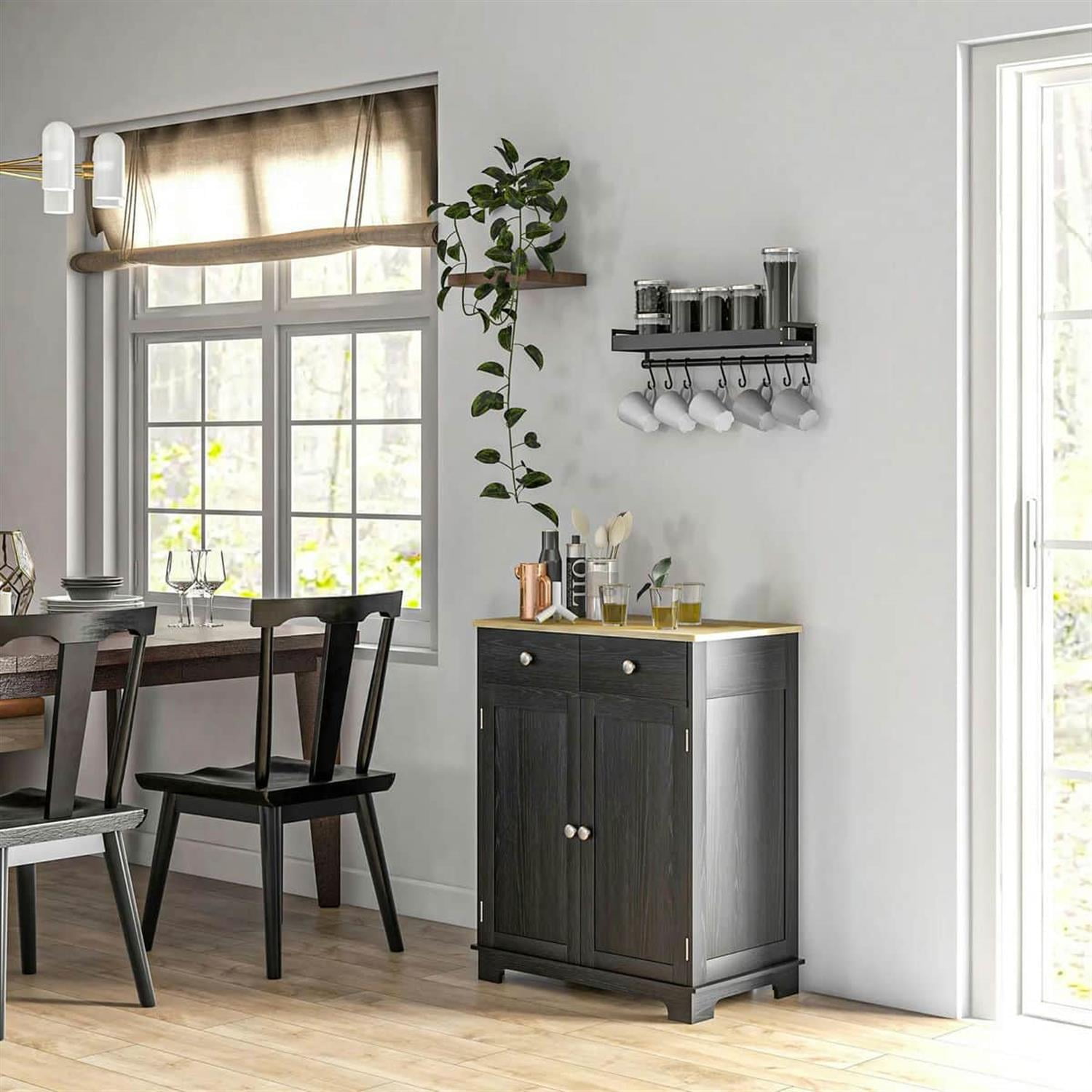 Demi Bonn 33" Solid Wood Top Kitchen Storage Cabinet, Sideboard Floor Cupboard with Adjustable Shelf & 2 Drawers for Modern Home Decor, Black