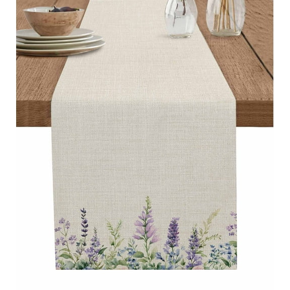Purple Lavender Burlap Cotton Table Runner 13x60 Inches Long, Botanical Blossom Motif Leaves Spring Farmhouse Table Runners, Outdoor Dining Tablecloths Decor for Baby Shower/Party/Wedding