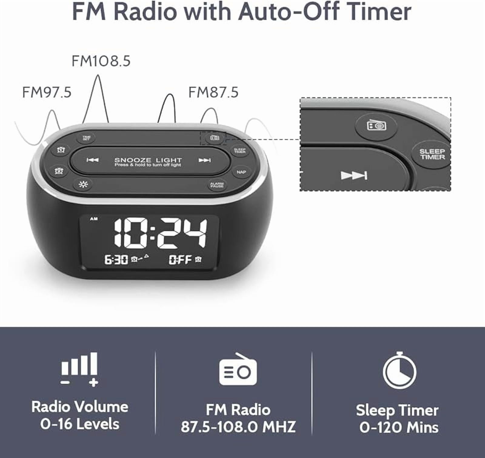 Glow Small Alarm Clock Radio for Bedrooms with 7 Color Night Light, Dual Alarm, Dimmer, USB Charger, Battery Backup, Nap Timer, FM Radio with Auto-Off Timer for Bedside