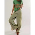 thumbnail image 4 of Low Rise Striped Pants for Women Pull on Drawstring Boho Wide Leg Jeans Trendy 2025 Green M, 4 of 9