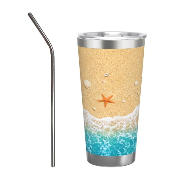 20oz Beach Ocean Tumbler with Handle and Straw Stainless Steel Insulated Travel Coffee Cup Summer Vacation Gift with Stainless Steel Straw