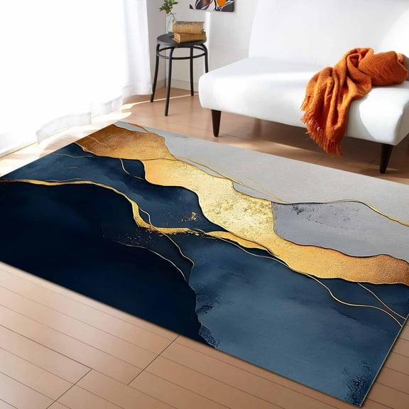 Area Rugs Indoor Non-Slip Rectangle Rug 5x7 Ft Abstract Impressionist Style Gold Navy Blue Color Block Rug Rubber Backing Floor Mats Non Shedding Home Decor Carpet for Entryway Living Room