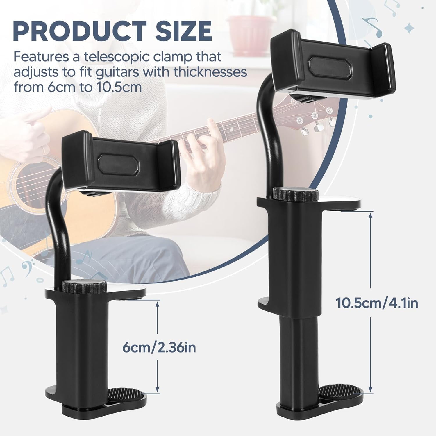 Guitar Phone Holder, Easy to Install Phone Clip Fit for 6-10cm Thick Guitars and Ukulele, Digital Sheet Music Holder, Practical Guitar Accessories for Live Broadcast Teaching Video Recording