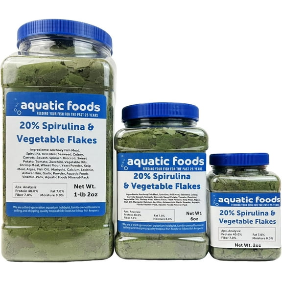 Aquatic Foods Inc. Premium Spirulina & Vegetable Flakes with 20% Spirulina for African Cichlids, Angle Fish, All Tropical Fish also Pellet Mix, Wafer Mix Included…2oz