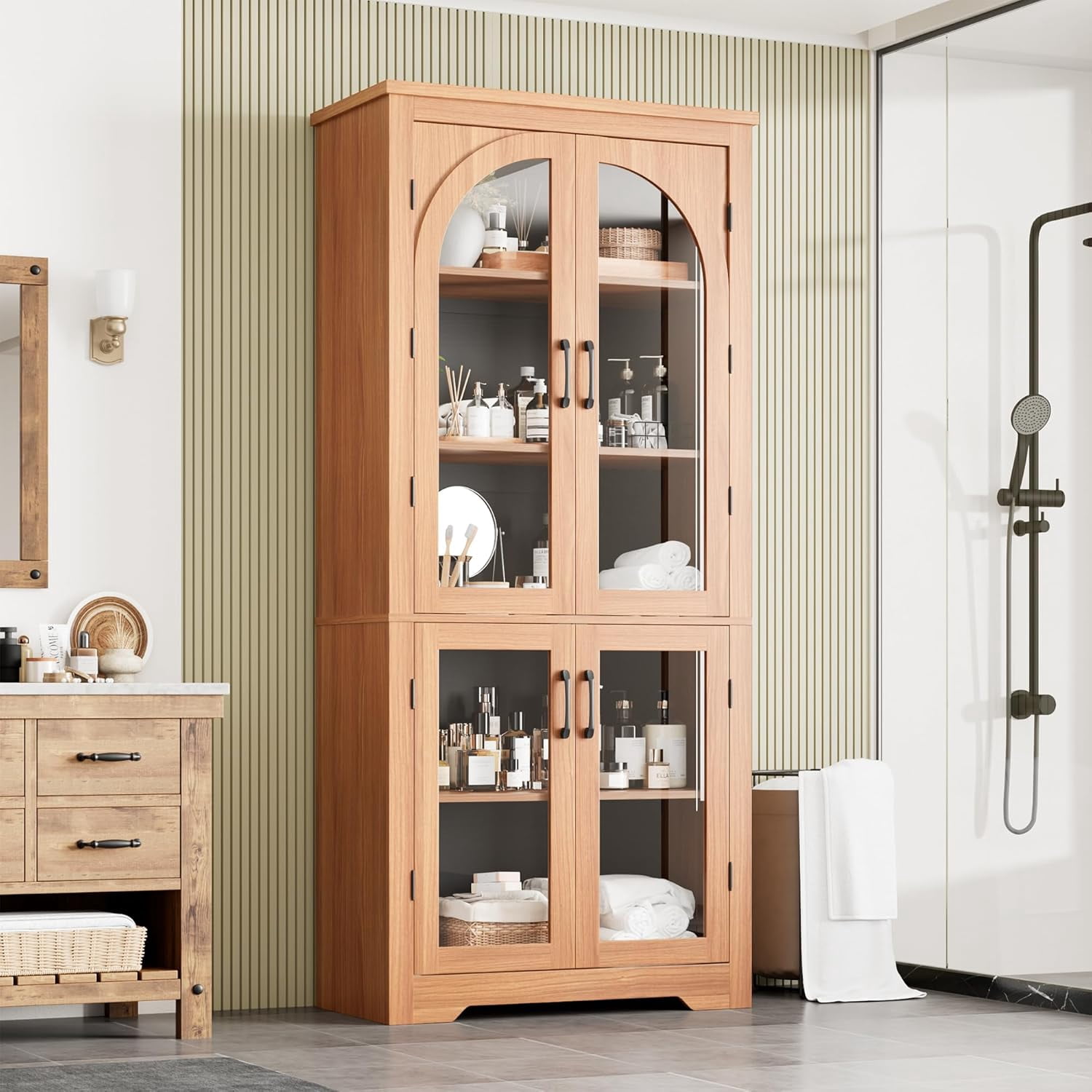 70" Tall Kitchen Pantry Storage Cabinet with Glass Doors, Farmhouse Cupboard with Adjustable Shelves, Freestanding Food Pantry for Kitchen, Dining, Living Room