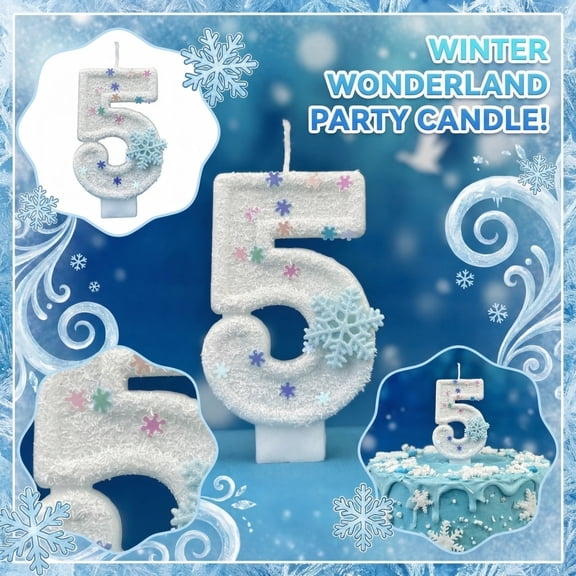Number 5 Birthday Candle, Snowflake Cartoon Design, 1 Piece, Suitable for Winter Wonderland Birthday Party