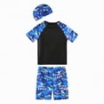 thumbnail image 5 of TOWED22 Baby Boy Swimsuit Set Toddler Rash Guard Swimwear Short Sleeve Swim Shirt Trunks with Hat 3Pcs Beachwear Blue,5-6 Y, 5 of 9