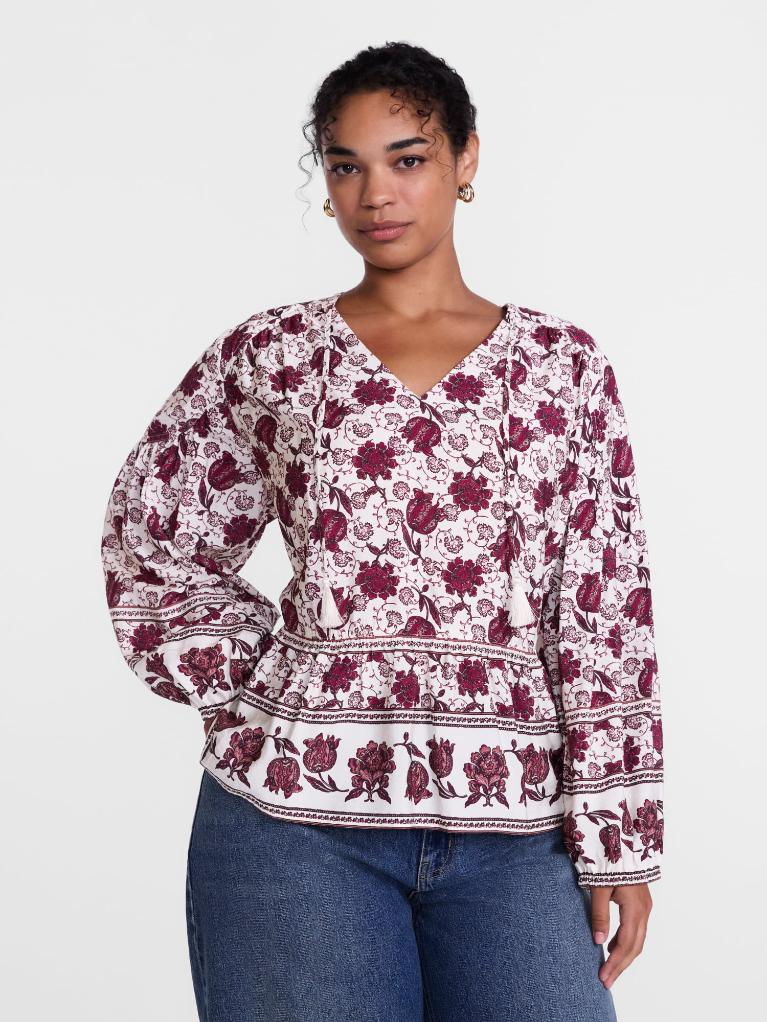 Scenario Women's and Women's Plus Gathered Yoke Blouse with Long Sleeves, Sizes XS-4X
