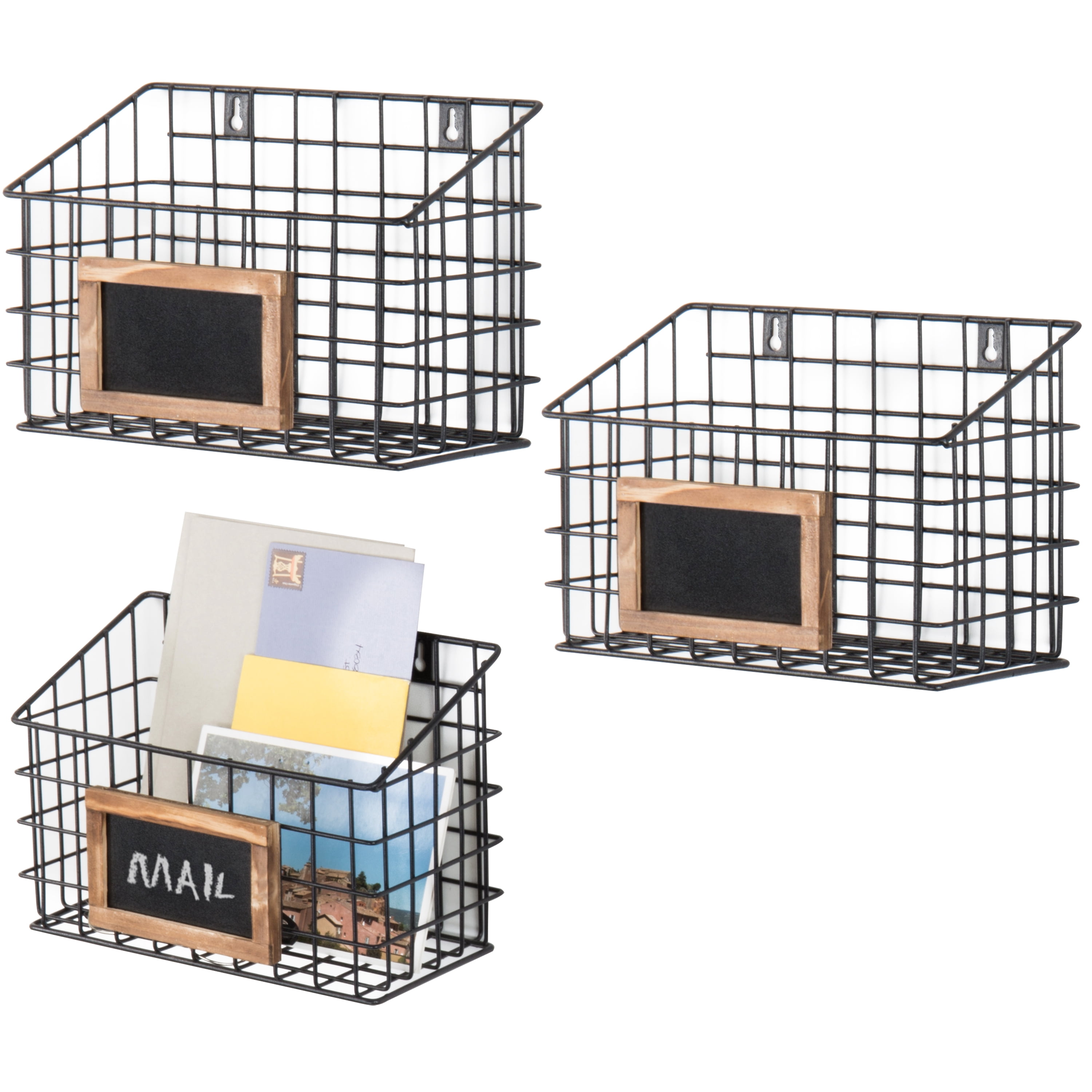 MyGift 3 Piece Wall Mounted Wire Baskets with Chalkboard Labels, Black