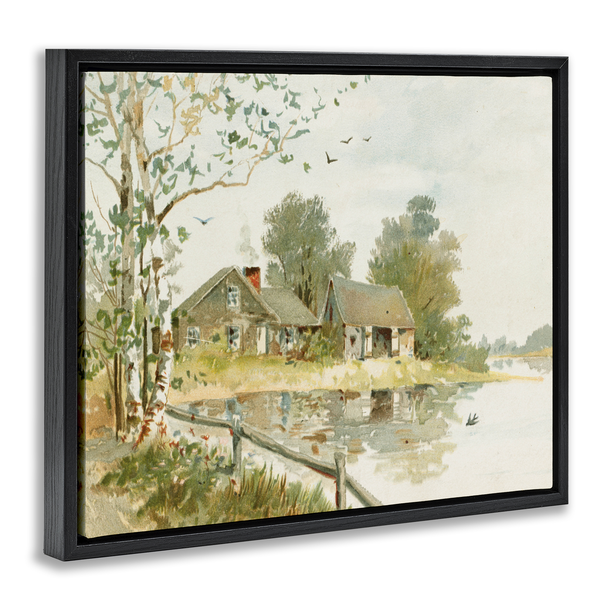 Cabin Along River's Edge Black Framed Floater Canvas Wall Art, design by Lettered and Lined