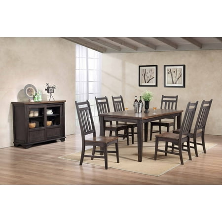 Kara 8 Piece Dining Room Set, Gray & Brown Wood, Transitional (Table, 6 Slatback Chairs & Buffet