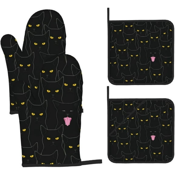Cute Black Cats Oven Mitts and Pot Holders Sets of 4,Heat Resistant Kitchen Microwave Gloves Non-Slip Pot Pads for Grilling Baking Cooking BBQ