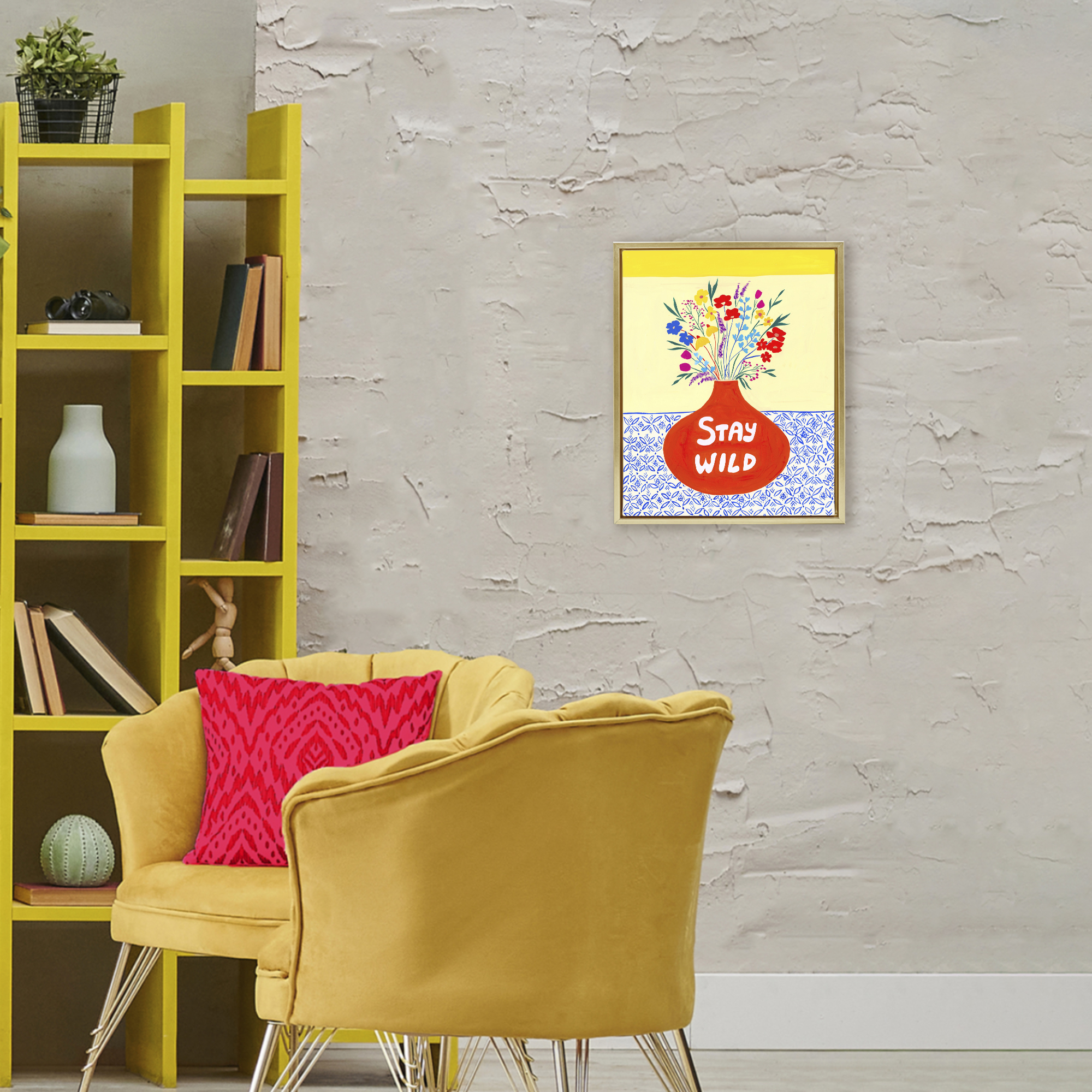 Stay Wild Midcentury Flowers Gold Framed Floater Canvas Wall Art, design by Nabeela Rumi