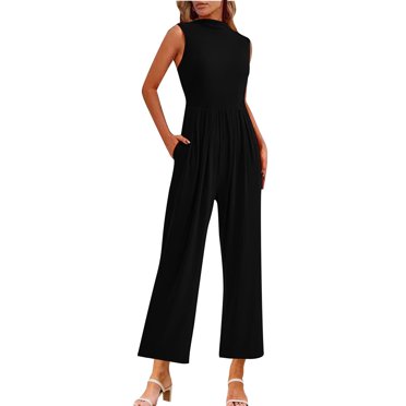 biudgviw Women's Jumpsuits Dressy Casual Sleeveless Mock Neck Wide Leg Rompers Trendy Summer Overalls with Pockets