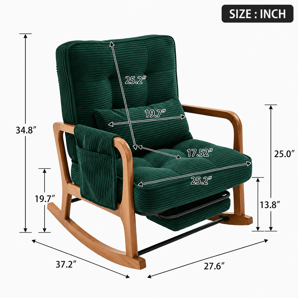 MOONMISS Rocking Chair with Footrest,Rocker Nursery Chair with Side Pocket,Glider Rocker,Accent Reading Chair for Living Room,Green