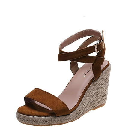 

Womens Sandals Ladies Shoes Wedge Straw Straw Suede Fish Mouth Breathable Buckle Strap Sandals Women S Sandals Pu Brown 39
