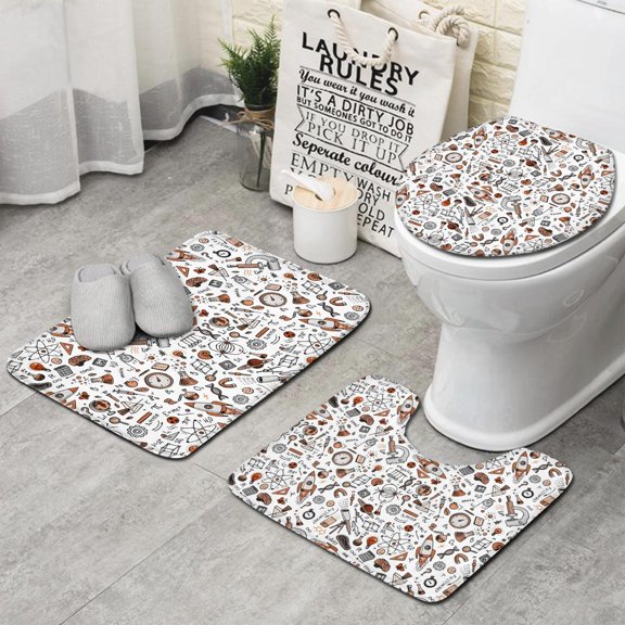 Math Equations Science Icons White Pattern Bathroom Rugs Sets 3 Piece,Toilet Cover Set,Absorbent Non Slip Bathroom Mats Sets with U-Shaped Contour Rug Toilet Rug Set