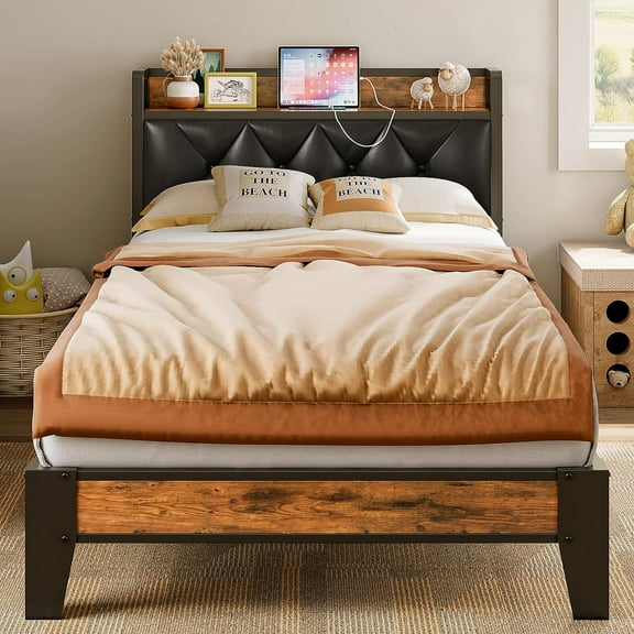 ANCTOR Twin XL Bed Frames, Storage Headboard with Outlets, Easy to Install, Sturdy and Stable, No Noise, No Box Springs Needed, Rustic Brown and Black