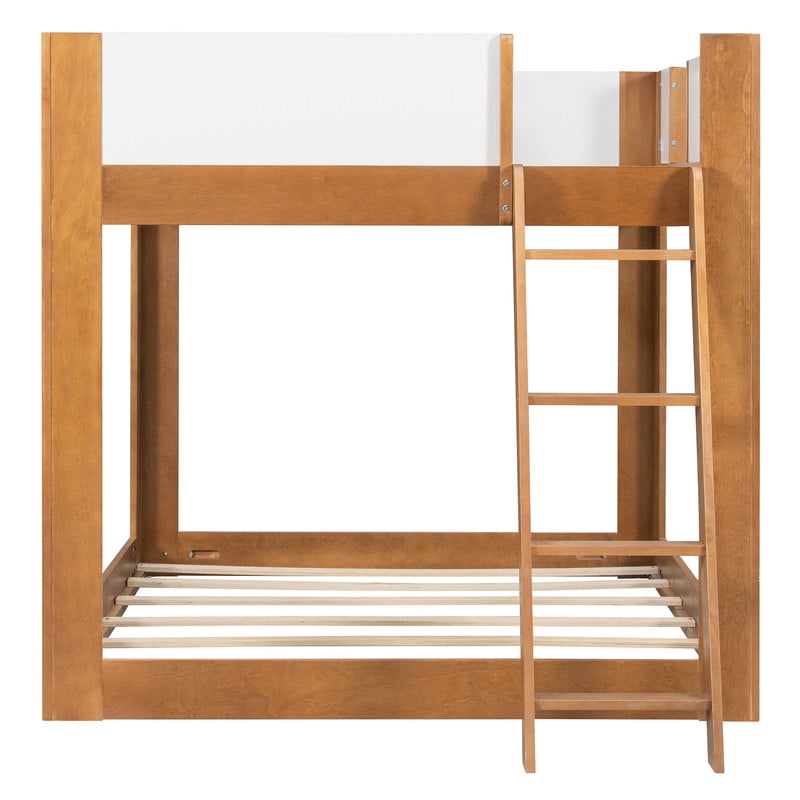 Full-Over-Full Low-Profile Bunk Bed with Guardrails, Wooden Kids Bed with Reversible Ladder, Accent Two-Tone Bed Frame