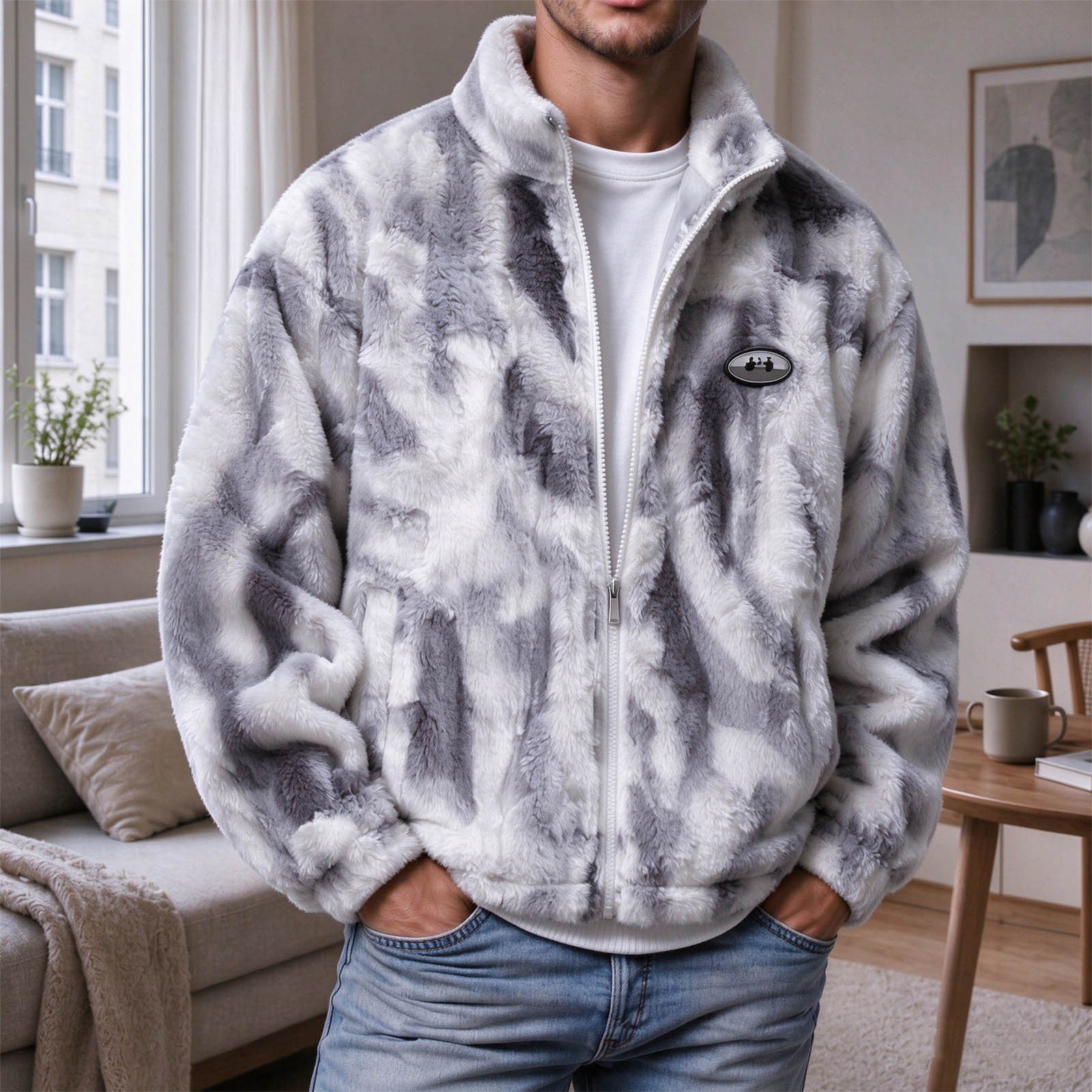 Men s Oversized Jacket Abstract Print Full Zip Stand Collar Winter Coat Grey XXL