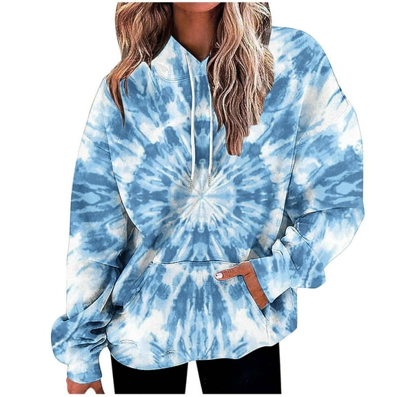 QQAMB Sweatshirts for Women Tie Dye Printed Drawstring Fall Winter Trendy Hoodies Sweatshirts with Pocket