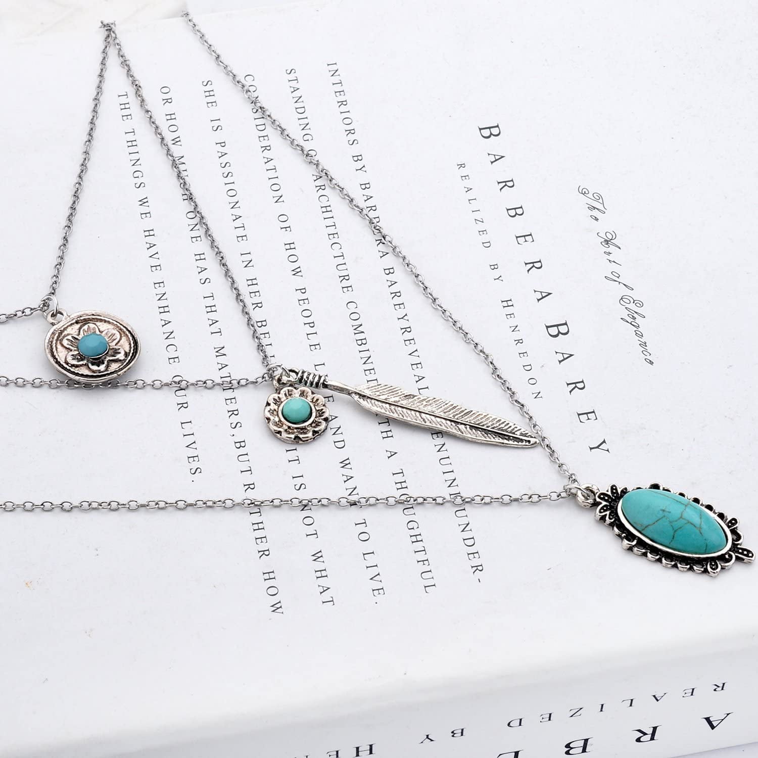 LUREME Vintage Multi Layered Chain Turquoise Stone Flower Metal Feather Pendant Necklace 01003373 
