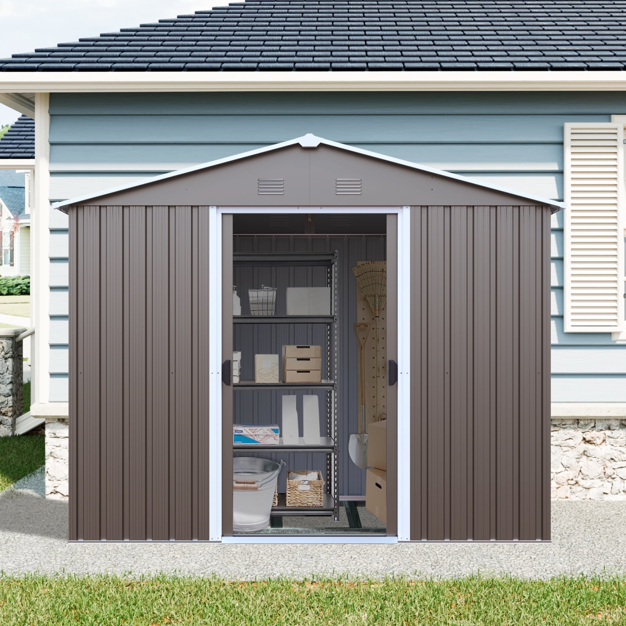 Jopath 8ft x 4ft Outdoor Metal Storage Shed with Sliding Door and Foundation for Backyard, Patio, Lawn (Gray)