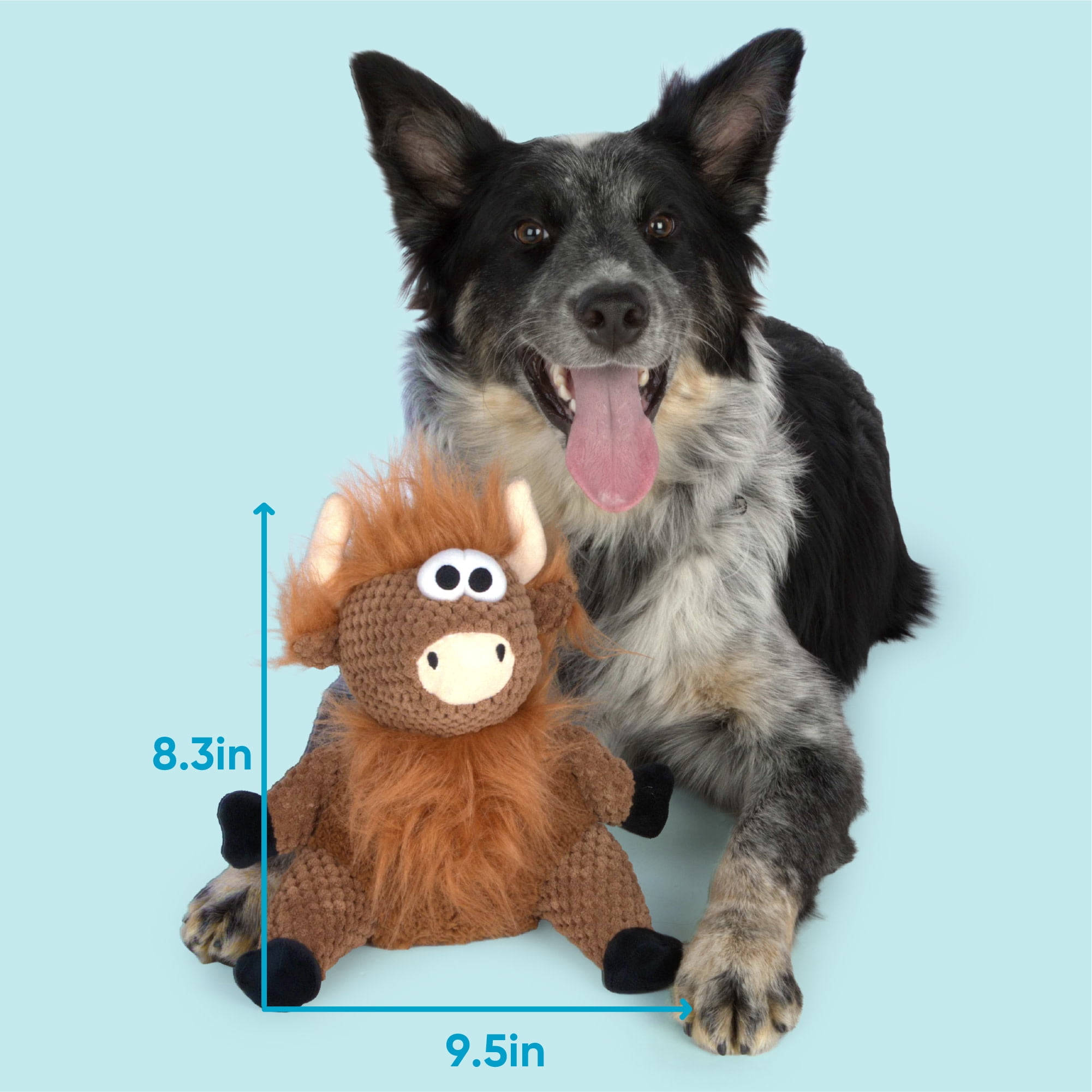 goDog Checkers Sitting Highland Cow Hank Plush Squeaky Dog Toy with Chew Guard Technology