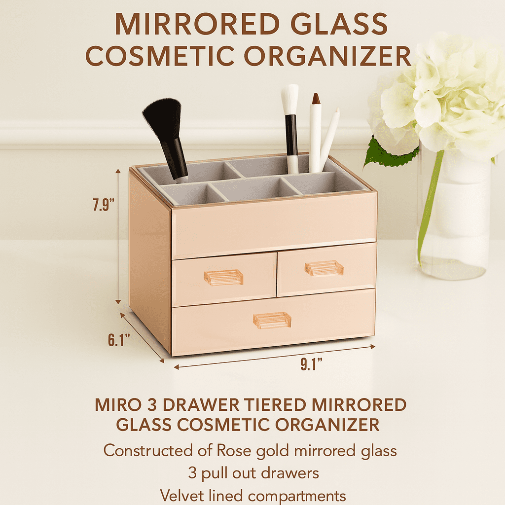 OnDisplay Miro 3 Drawer Mirrored Glass Makeup & Jewelry Organizer – Tiered Vanity Storage Box with Drawers and Velvet Lined Compartments (Rose Gold)