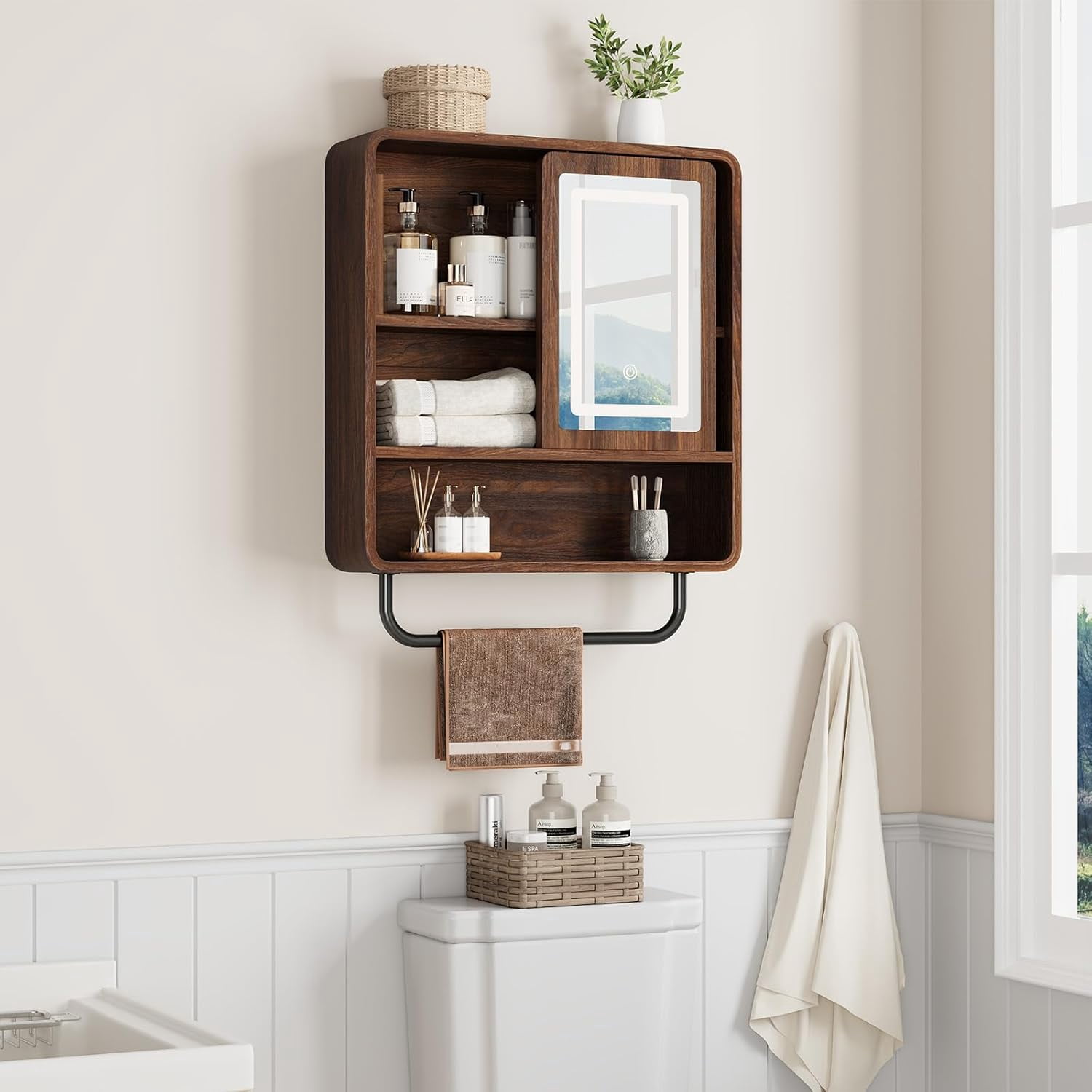 Vecenuy Modern Bathroom Wall Cabinet, Medicine Cabinets with Mirror, Over The Toilet Storage Cabinet for Bathroom, Towel Bar, Sliding Door, 3 Lighting Modes, Adjustable Brightness, Dark Walnut