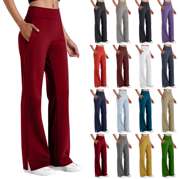 Yuanlook Women Plus Size Business Casual Split Flare Pants, High Waist Stretch Waistband Hidden Side Pockets Straight Flared Split Hem Daily Work Trousers S-5XL